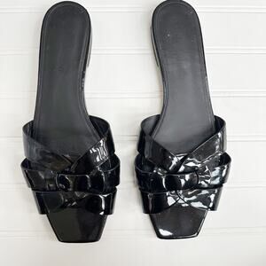 Saint Laurent Tribute Flat Sandals Black Patent Leather Woven Slide 39.5